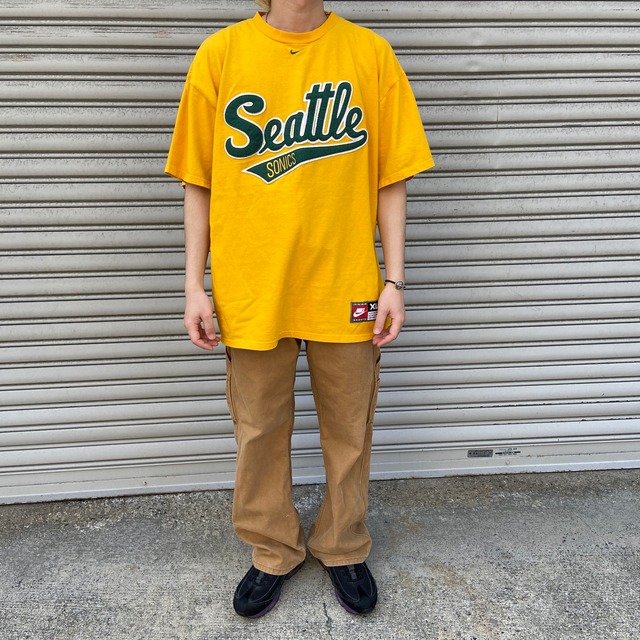 90s NIKE ナイキ　NBA レタードワッペンTシャツ　マスタード　XL