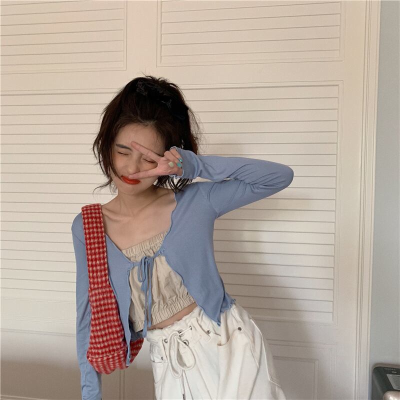 バンドニットカーディガンスプリングソリッド カラーショートTシャツ シャツ ロング 春物 ソリッドカラー ドラファッションホール9506363654