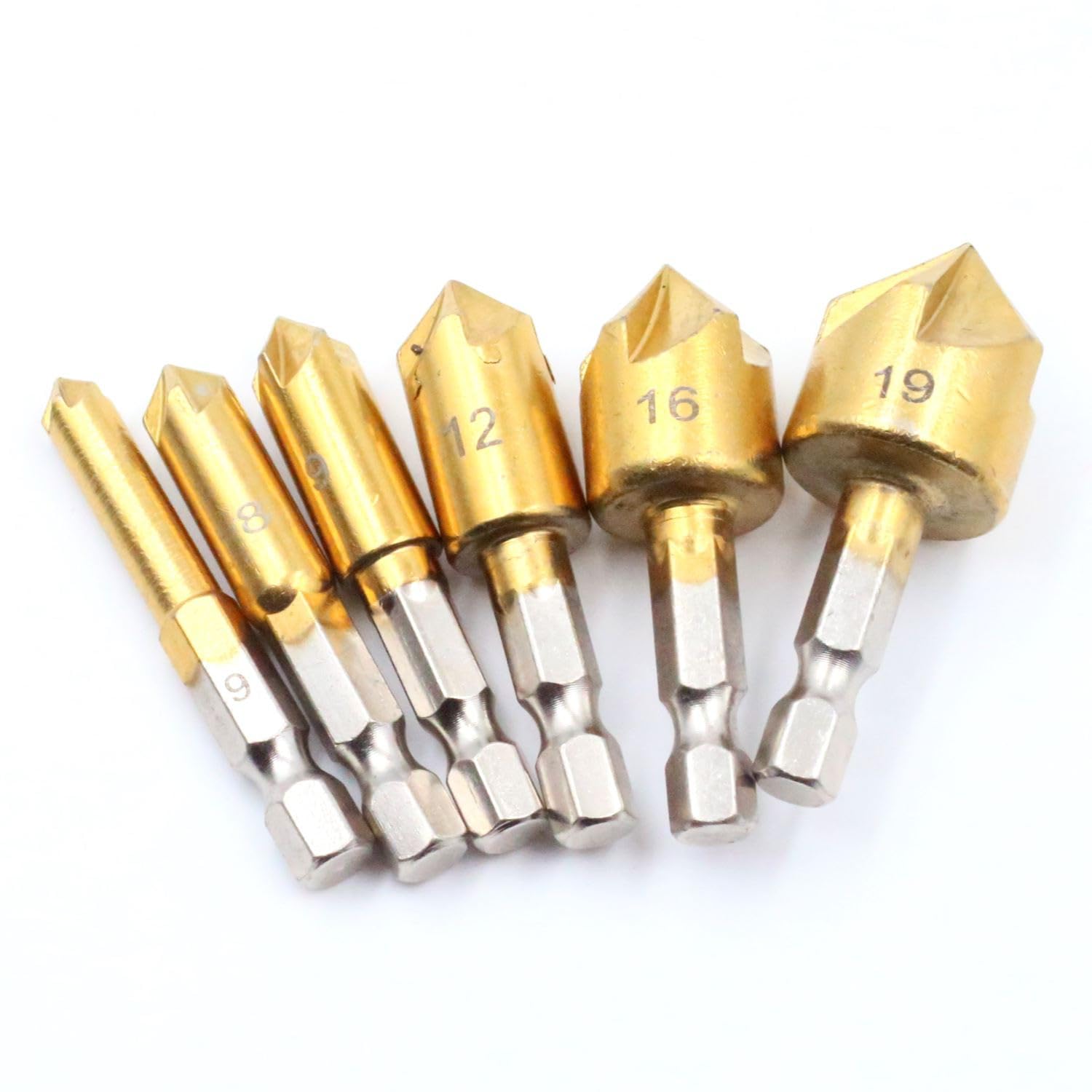 【在庫処分】皿取り錐ドリル 皿取りビット ドリル刃 面取りビット 6〜19mm 座グリビット ぐり HSS鋼 六角軸 ドリルビット 穴あけ工具 下穴錐 面取りカッター チタンコーティング 電動ドリルセット 5枚刃(6本セット)