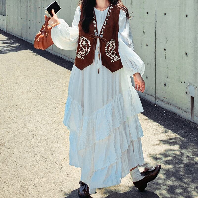 White Asymmetric Tiered Maxi Dress & Embroidered Suede Vest Set S0275