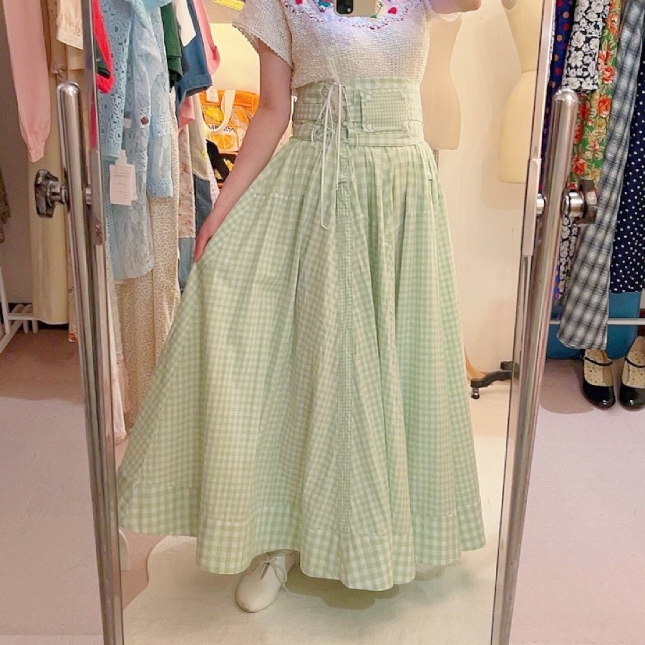 original : transformation belt gingham check skirt . green