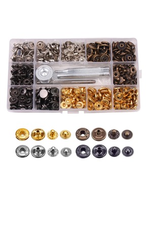 【人気】 レザークラフト カシメセット 4種類＆ホック 4色 詰め合わせ 12mm ホック打ち工具 打ち台 パーツ DIY 手作り ベルト 布革細工 靴 ジーンズカバン 収納ケース付き（120組 ）