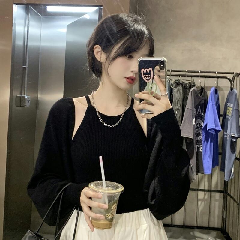 ブラックセーター スプリングオータム薄手カーディガンジャケット ショートトップス ロング 春物 秋物 スーパーモール5031884347