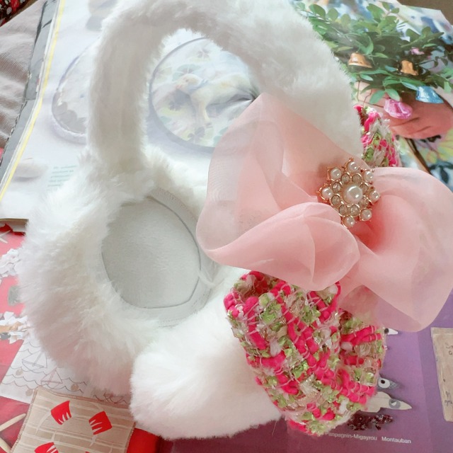 ツイードリボンイヤーマフ～PinGre～