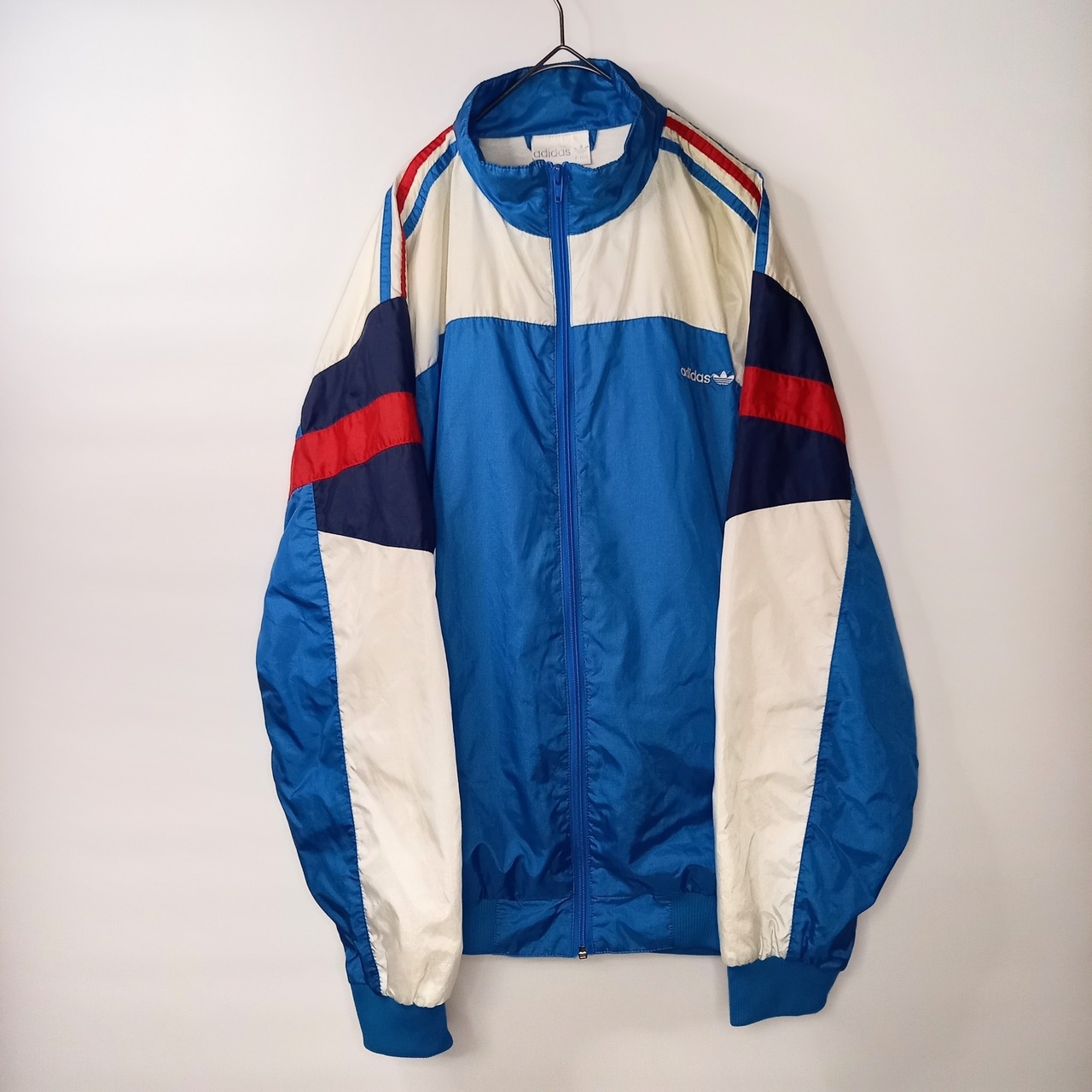 80s　アディダスオリジナルス　ナイロンジャケット　刺繍ロゴ　水色　白　XL