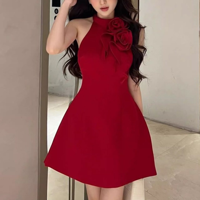 【Airi Styleシリーズ】ワンピース セクシー Aライン ノースリーブ 立体ローズ パーティー レッド S M L XL
