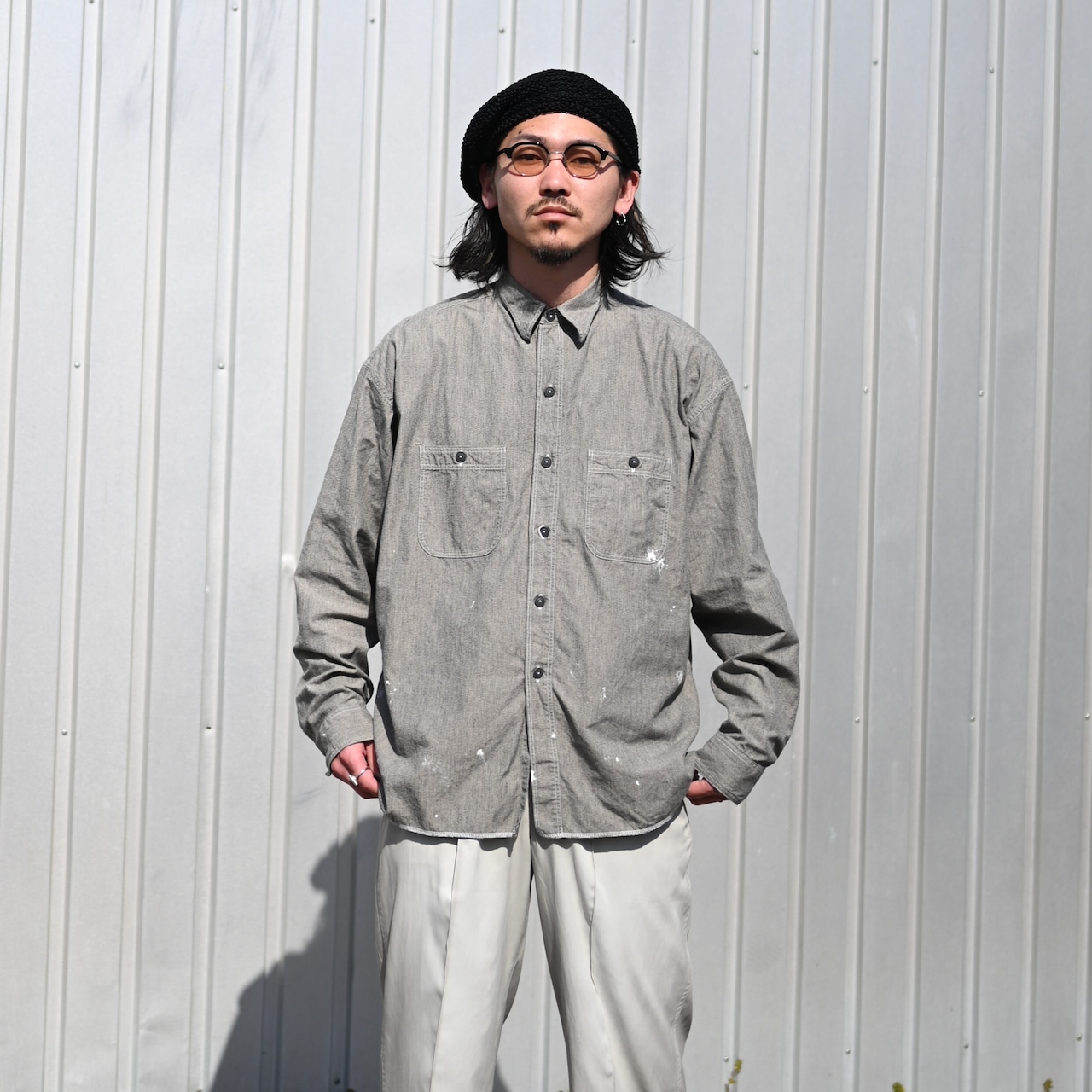 INTERIM(インテリム)MILK PAINT VINTAGE WASH BLACK SHUTTLE CHAMBRAY HYPER BIG US NAVY WORK SHIRT TYPE2