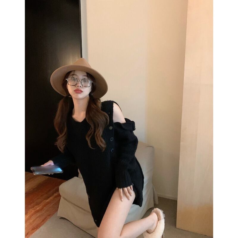 セーター ドレス ストラップレスルーズニットレディースオータムウィンターブラックトップス 秋物 冬物 ブラックストロベリース36073344034