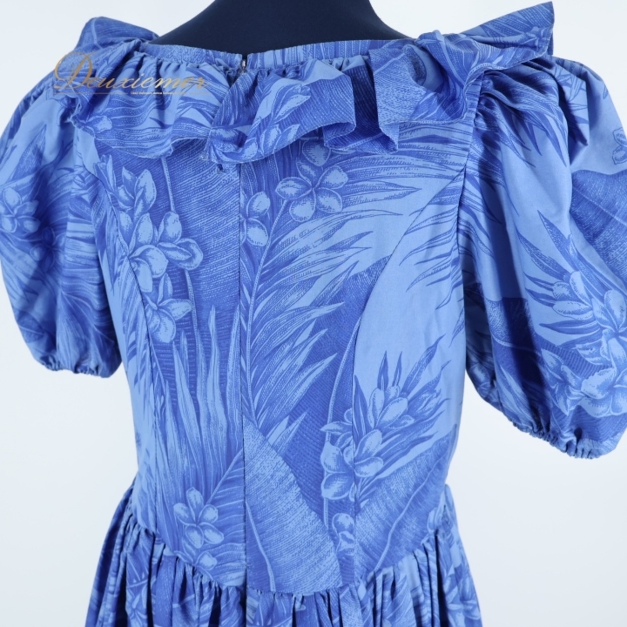 フラダンス 衣装 ワンピース ドレス ブルー系 プルメリア柄 ヤシ柄 青 華やか ハワイアン アロハ 半袖 かわいい ハワイアンプリント 花柄 ふんわり フリル