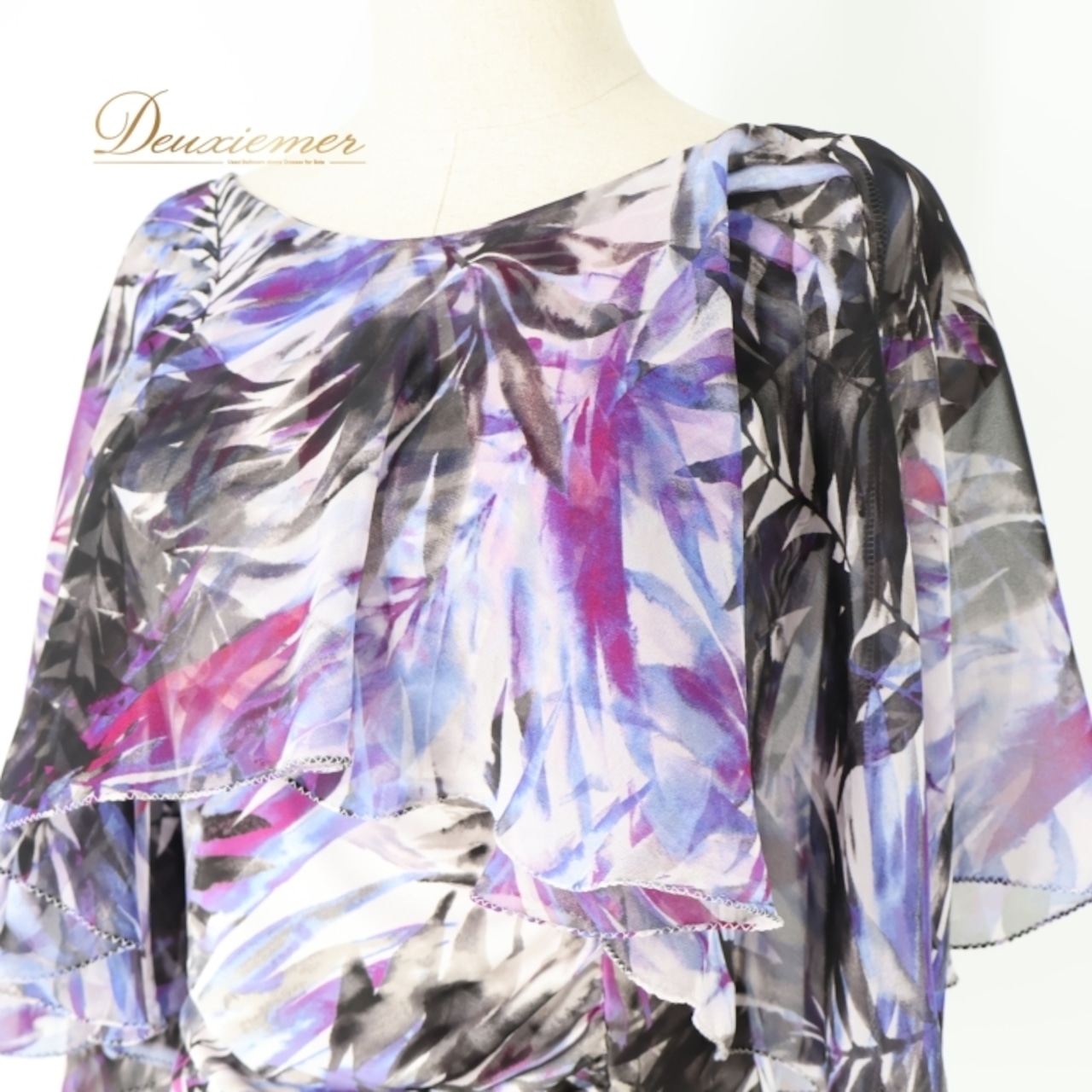 社交ダンス 衣装 トップス ブラウス パープル系 チャコットロイヤルダンス Chacott ROYAL DANCE フリル 日本製 紫 黒 白 上品 鮮やか 伸縮 ストレッチ 練習 レッスン パーティー かわいい イベント 葉っぱ柄 ホワイト系 ブラック系