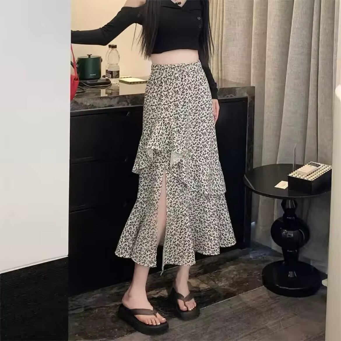 フリルフラワースリットスカート