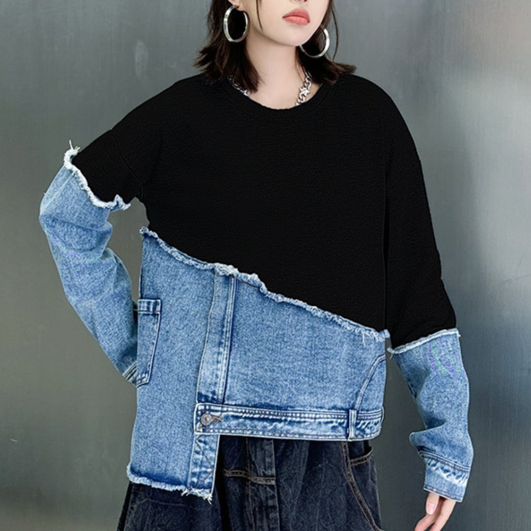 ASYMMETRIC DENIM CONTRAST LONG SLEEVE TOPS 2colors M-191