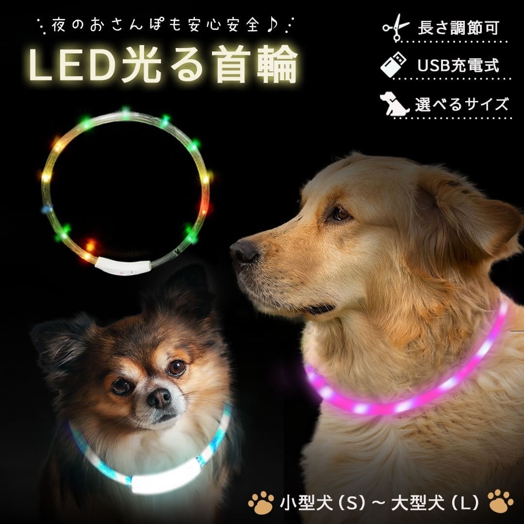 業界No.1 S 犬 光る首輪 点灯 ホワイト USB充電式 散歩 発光首輪 LEDライト