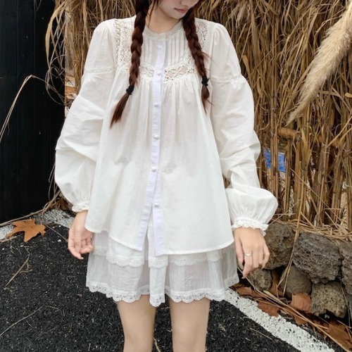 2色／レースバンドカラーボリュームスリーブブラウス ・71936