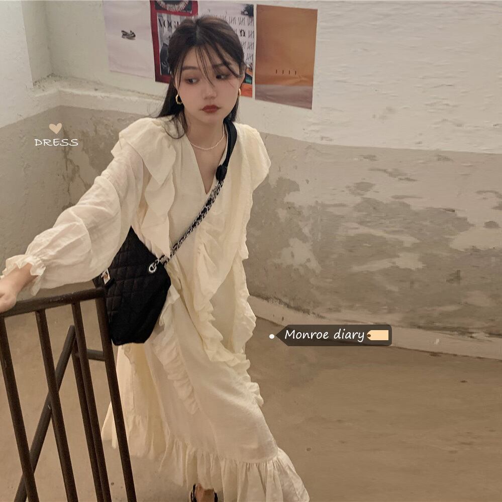 Vネックロングドレス スプリングオータム薄手スカート 春物 秋物 モンロー93858217187