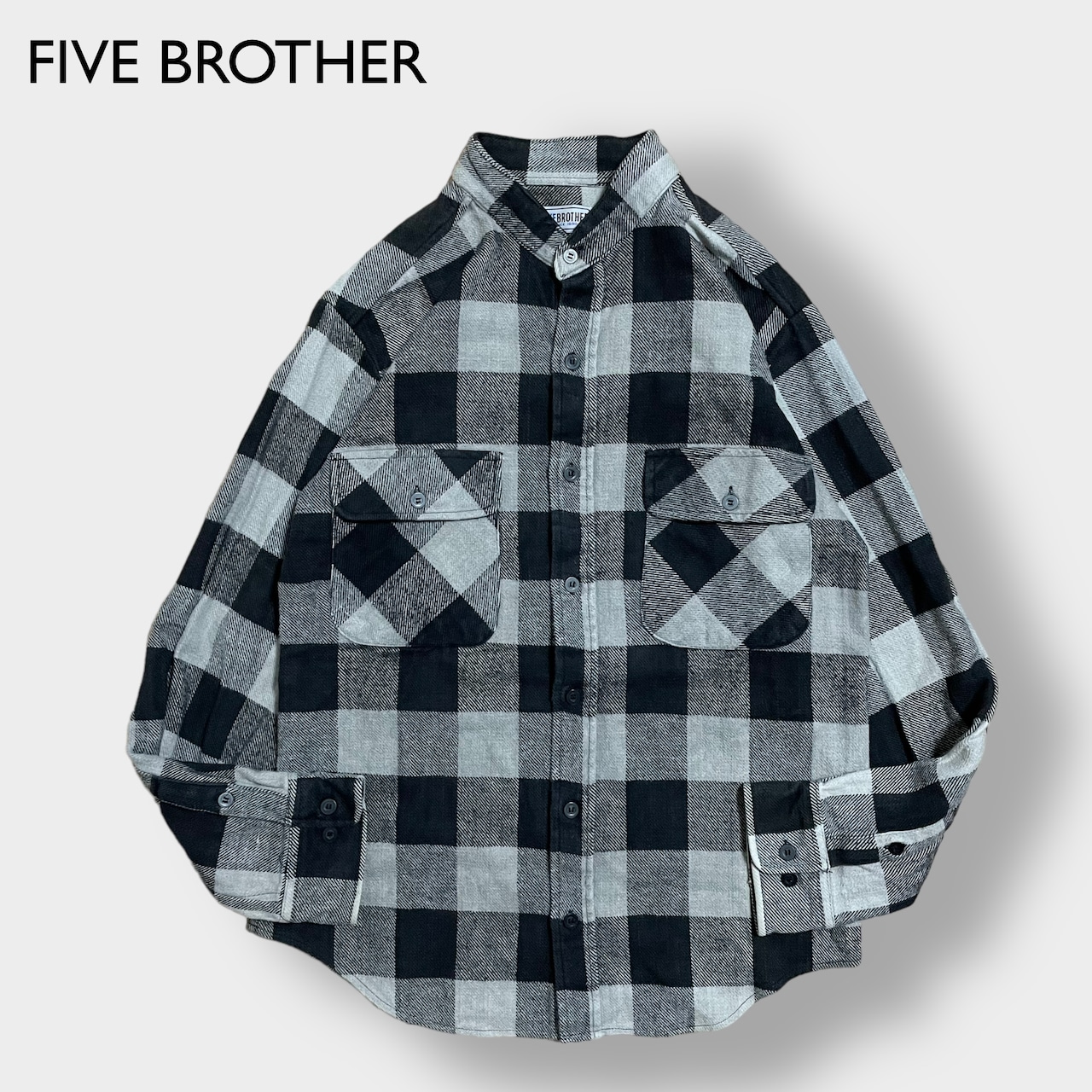 FIVE BROTHER ネルシャツ ヘビーネル ノーカラー バンドカラー フランネルシャツ 長袖 ブロックチェックカジュアルシャツ ファイブブラザー US古着