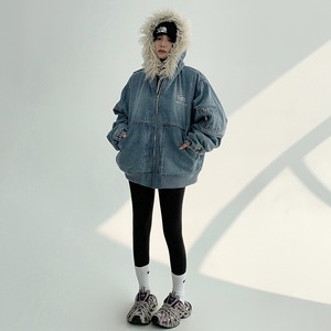 feichaiyoulaileヴィンテージ裏ボアフード付きデニムジャケット