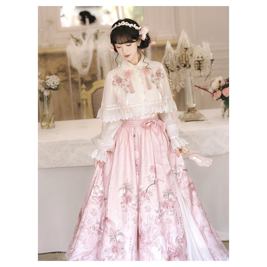 中華ロリ｜桜雨 漢服風トップス・花柄スカート・ケープ3点セット