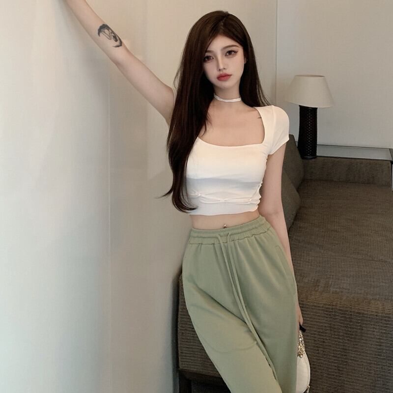 Tシャツ トップス サマーカラースリム 夏物 スクウェア ガールズファッション76797829782