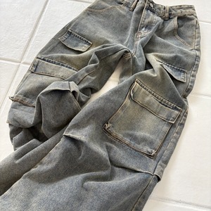 【国内配送】High-Waisted Washed Denim Cargo Pants_LN03507