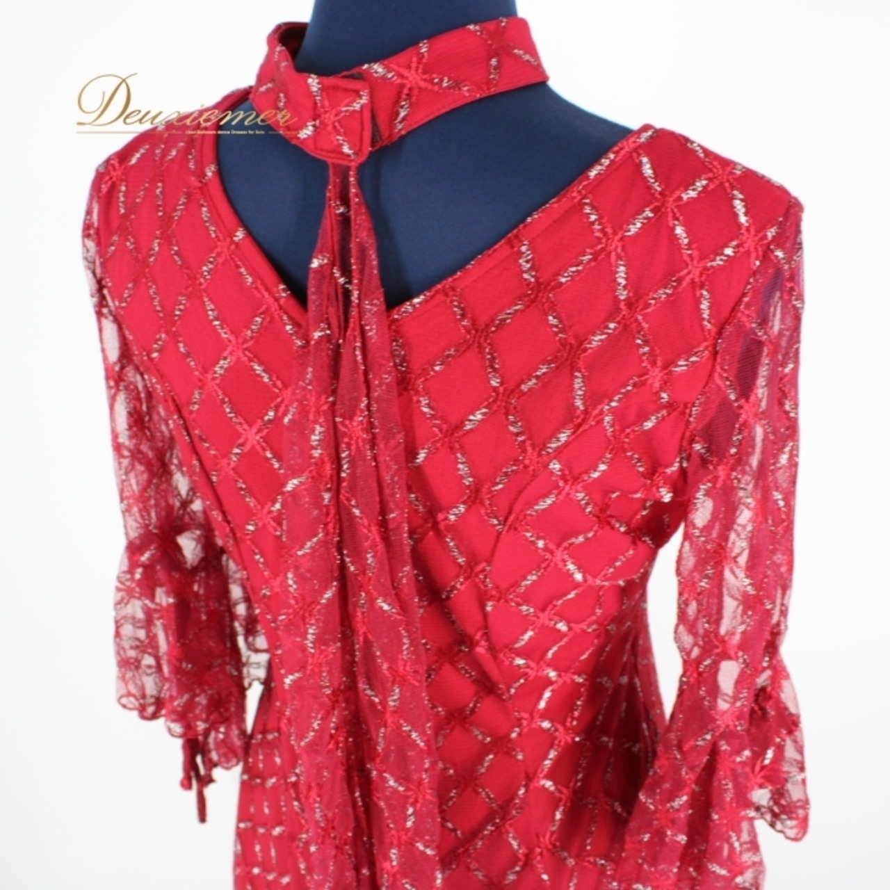 社交ダンス 衣装 スタンダード ドレス ワンピース パーティ衣装 女性用 オールシーズン 赤 レッド系 prima boutique プリマブティック チョーカー 繊細なレース シック 袖口 リボン デザイン フェミニン コスチューム ダンス衣装 おしゃれ お出かけ イベント レディース 体型カバー 軽やか お揃い 出演用 おすすめ