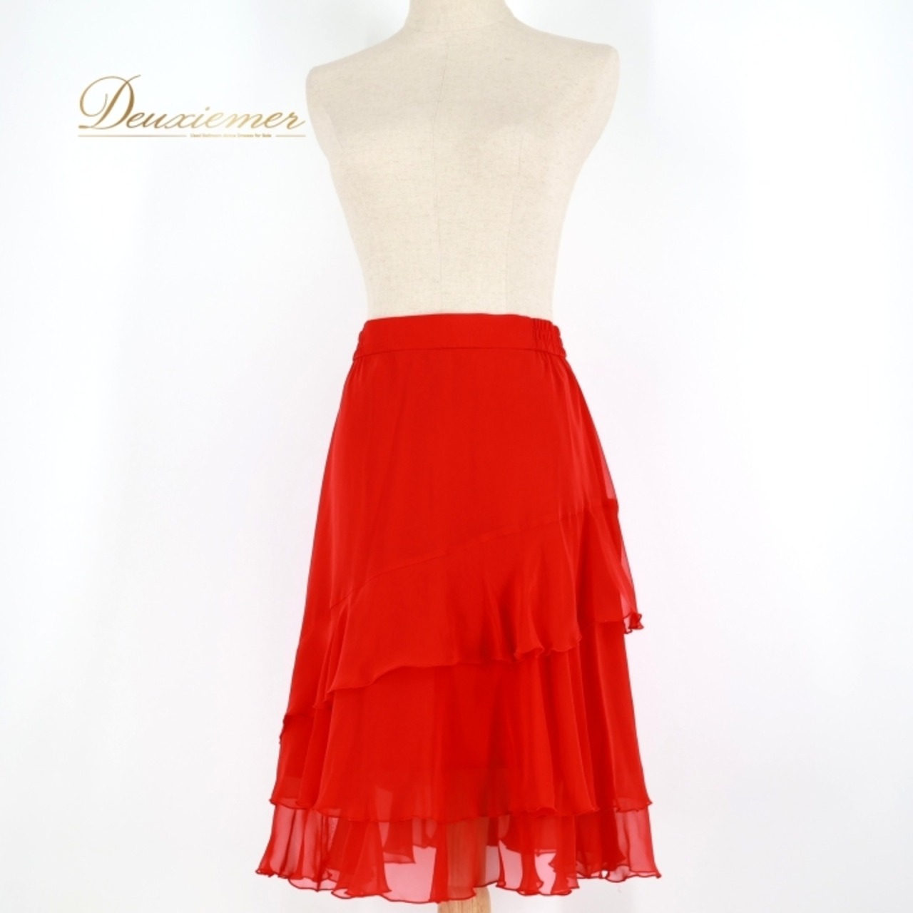 社交ダンス 衣装 スカート レッド系 チャコット Chacott 赤 日本製 無地 シンプル レッスン 練習 軽い 鮮やか フリル 上品 ひざ丈 透け感 かわいい ダンス衣装 ラテン