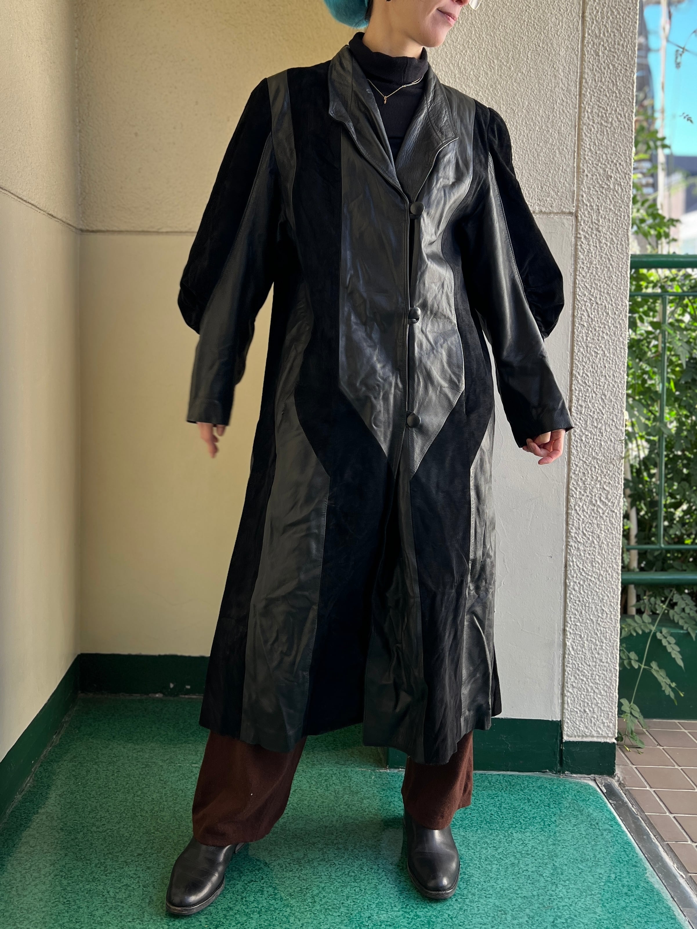 80s France black patchwork leather coat