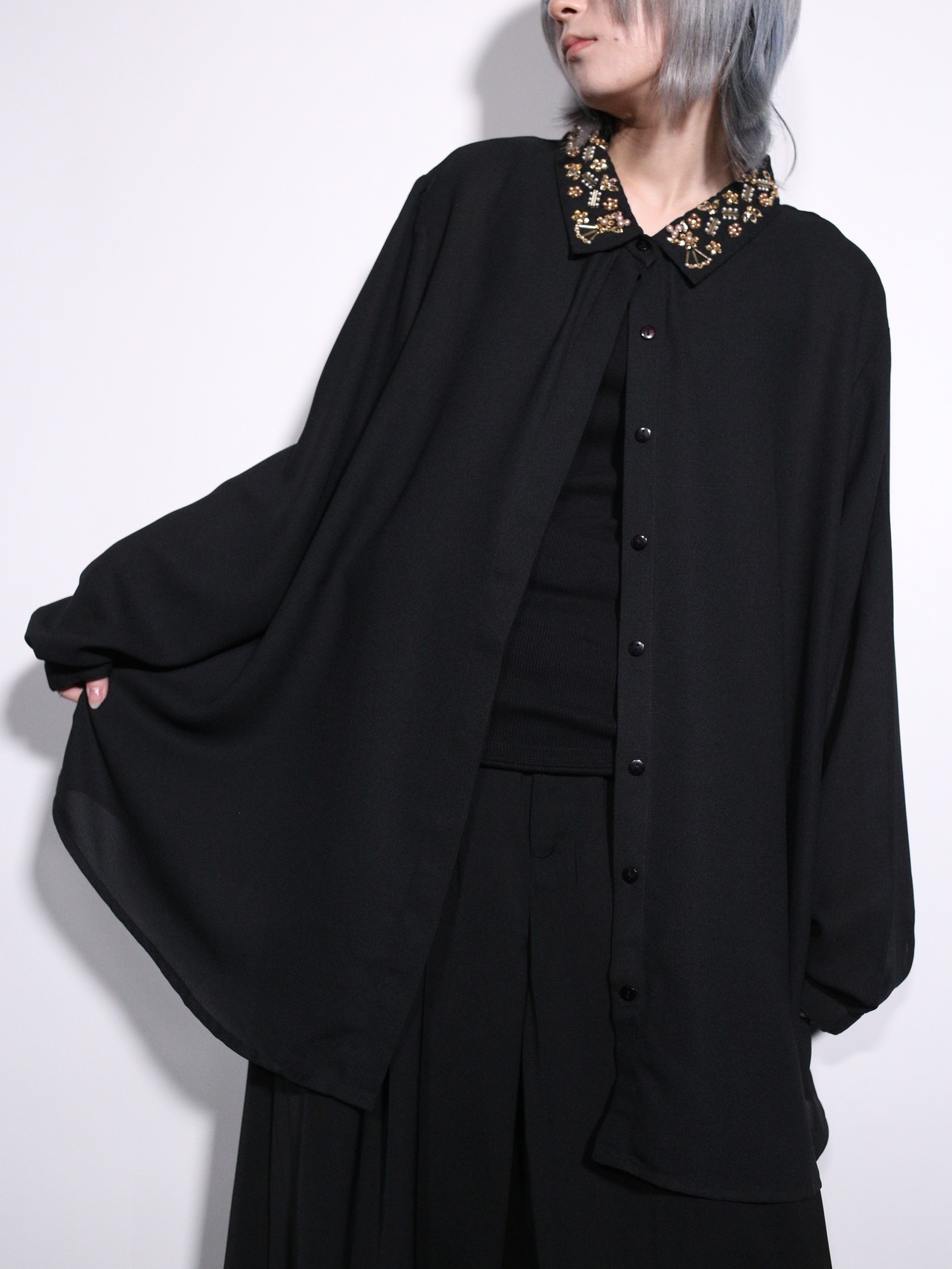 beautiful decoration collar over silhouette sheer shirt - 1
