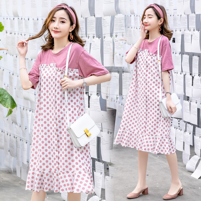 【新作】【送料無料】 スタイル2019夏偽ツーピース妊婦ドレス半袖コットンパッチワーク水玉フリルドレス膝丈 ショート ハーフスリーブ ラッフル サマー 夏物 AL expec332930013263