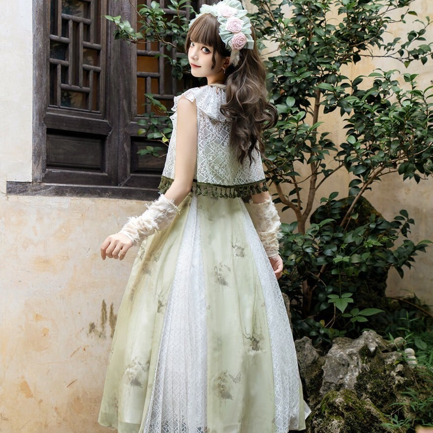 蝶プリントのセージグリーンロリィタ｜ボレロ付きロングドレス