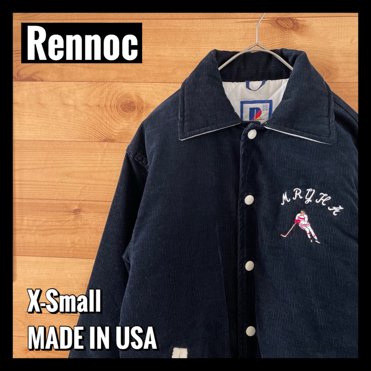 【Rennoc】USA製 レノック コーデュロイ スタジャン アイスホッケー アワードジャケット ワンポイント 刺繍ロゴ アメリカ古着