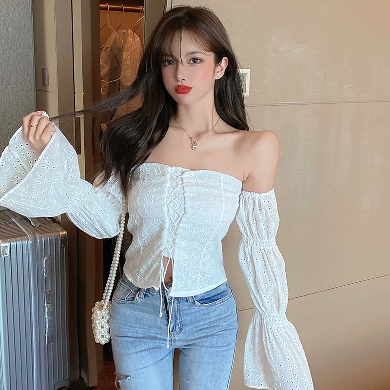 オータムショートシャツ トップス レディース ロング レース 秋物 ハンチェンe15690950606