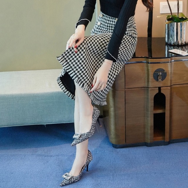 Double breast elegant front slit houndstooth fringe skirt
