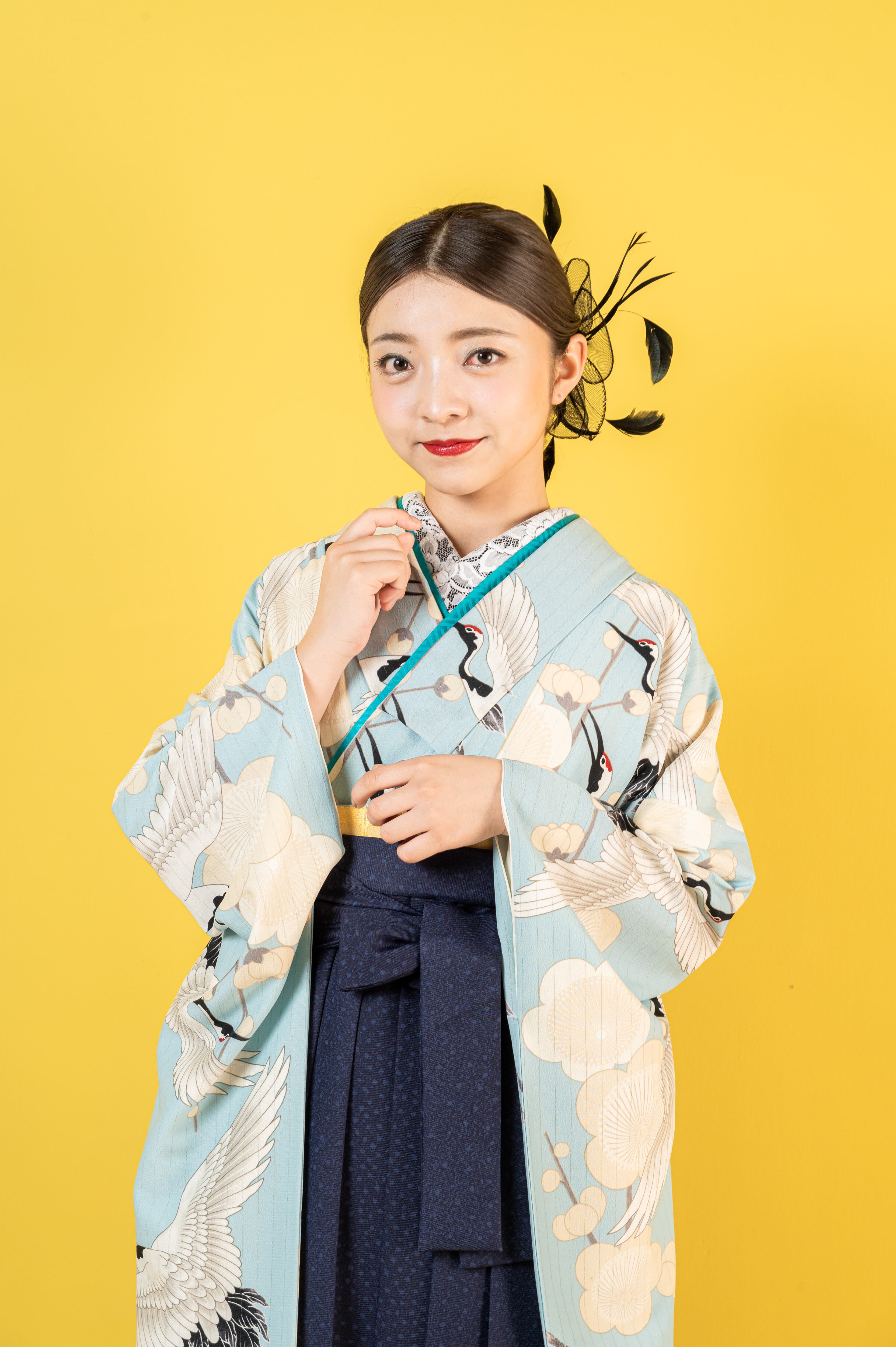 卒業式袴レンタル フルセット 薄青地飛翔鶴梅花文 freeサイズ 卒業式袴レンタル フルセット 薄青地飛翔鶴梅花文 freeサイズ
