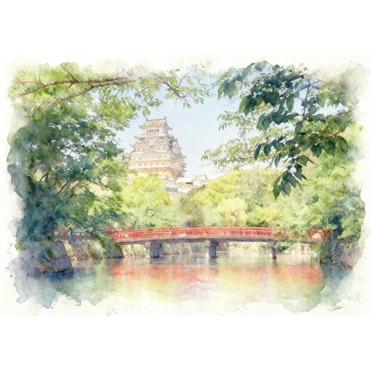 絵画 風景画(街並み) 日本の城 兵庫県 姫路城 インテリアアート額付き 水彩画・油絵風 WAT1566