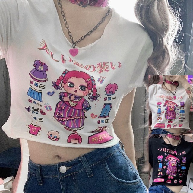 【2カラー】 Tシャツ 半袖 日本語 ユニーク クロップド丈 ショート丈 へそ出し 韓国ファッション レディース 大人可愛い ガーリー カジュアル / Short Top Cute Cartoon Loose Short Sleeve T-shirt Trends (DTC-640505473257)