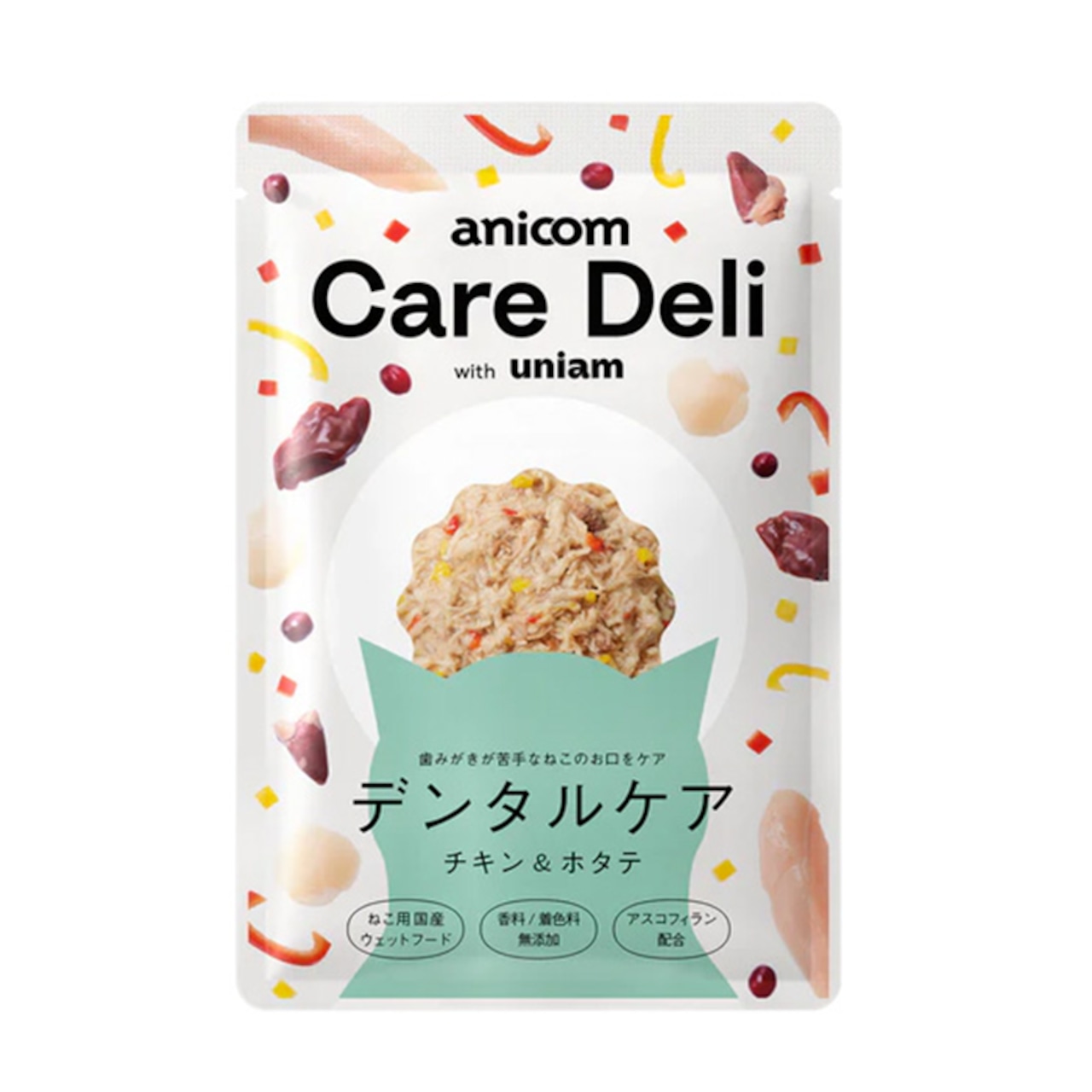 【Care Deli ウェットフード デンタルケア(チキン&ホタテ)】1ケース(50g×12袋入り),歯磨きが苦手な猫ちゃんのお口をケア!