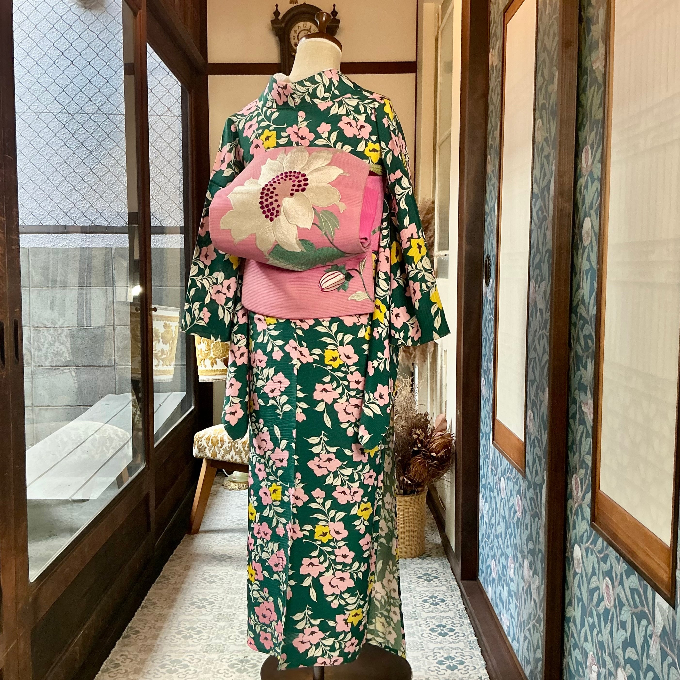 romantic summer＊夏帯 絽 ひまわり 向日葵 花 大柄 ピンク 刺繍