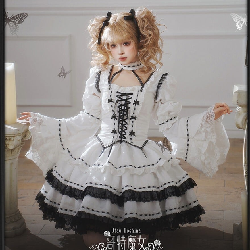 クラロリ セットアップ 編み上げコルセット風 白×黒 ライブ向け｜WithU