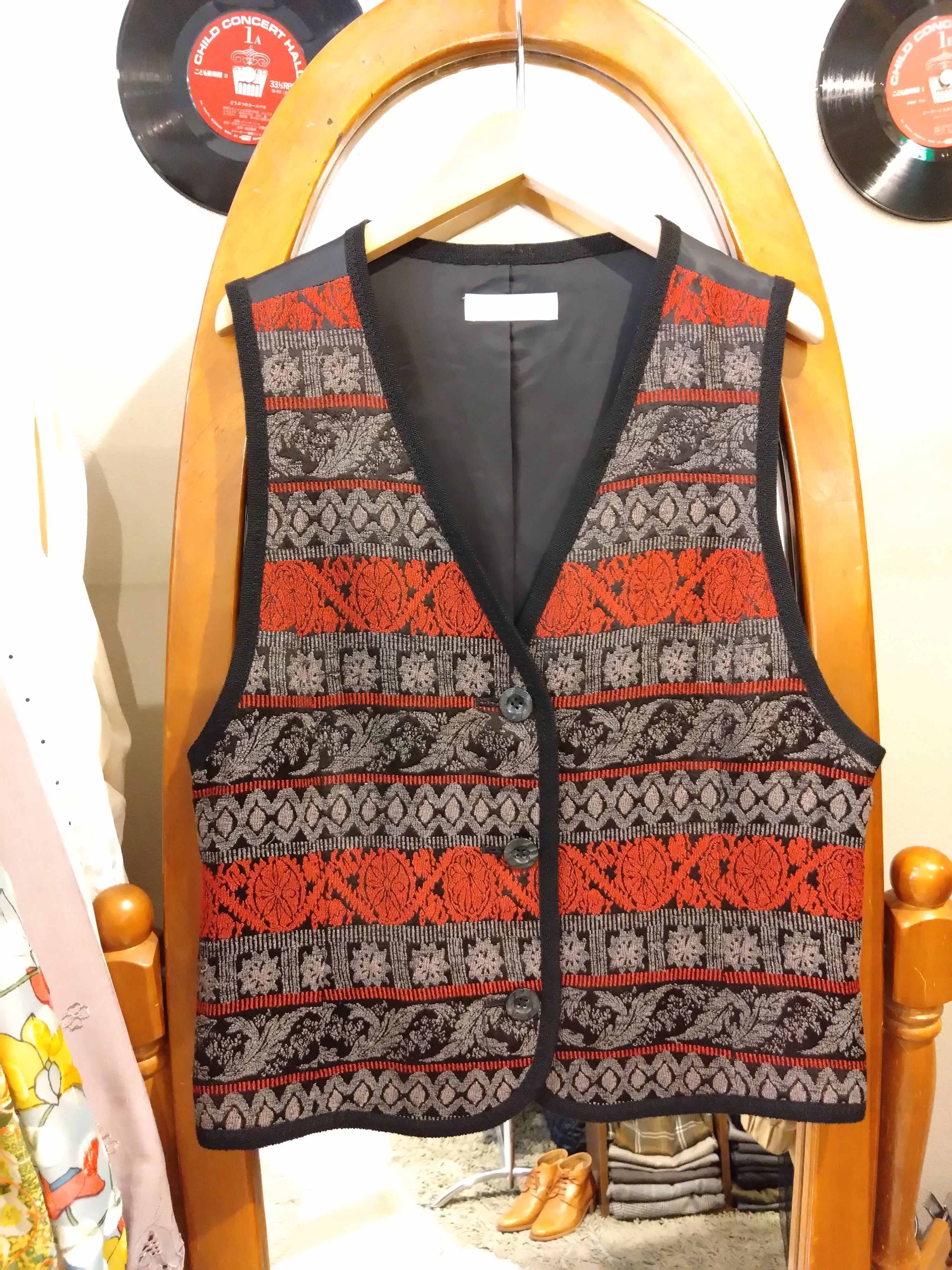 ボタニカル刺繍ジレ/アンティークビンテージ古着昭和レトロベスト  