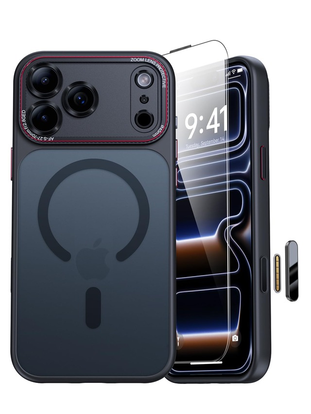 【米軍MIL規格・指紋防止】JUESHITUO iPhone 17 Pro 用の ケース 耐衝撃 マット マグネット搭載 いphone17pro 用の ケース MagSafe 充電対応 1Xスクリーン保護 黄ばみなし ストラップホール付き 半透明 カバー 6.3インチ ブラック