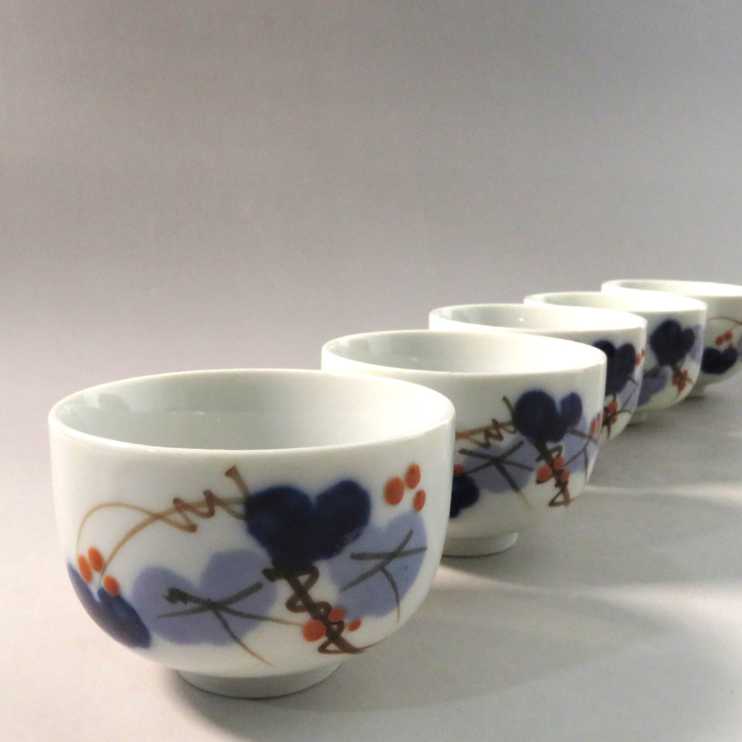 戦前 手描き 蔦文 小汲出し 5客 1930年頃 茶杯、ぐい呑、抹茶注ぎ分け