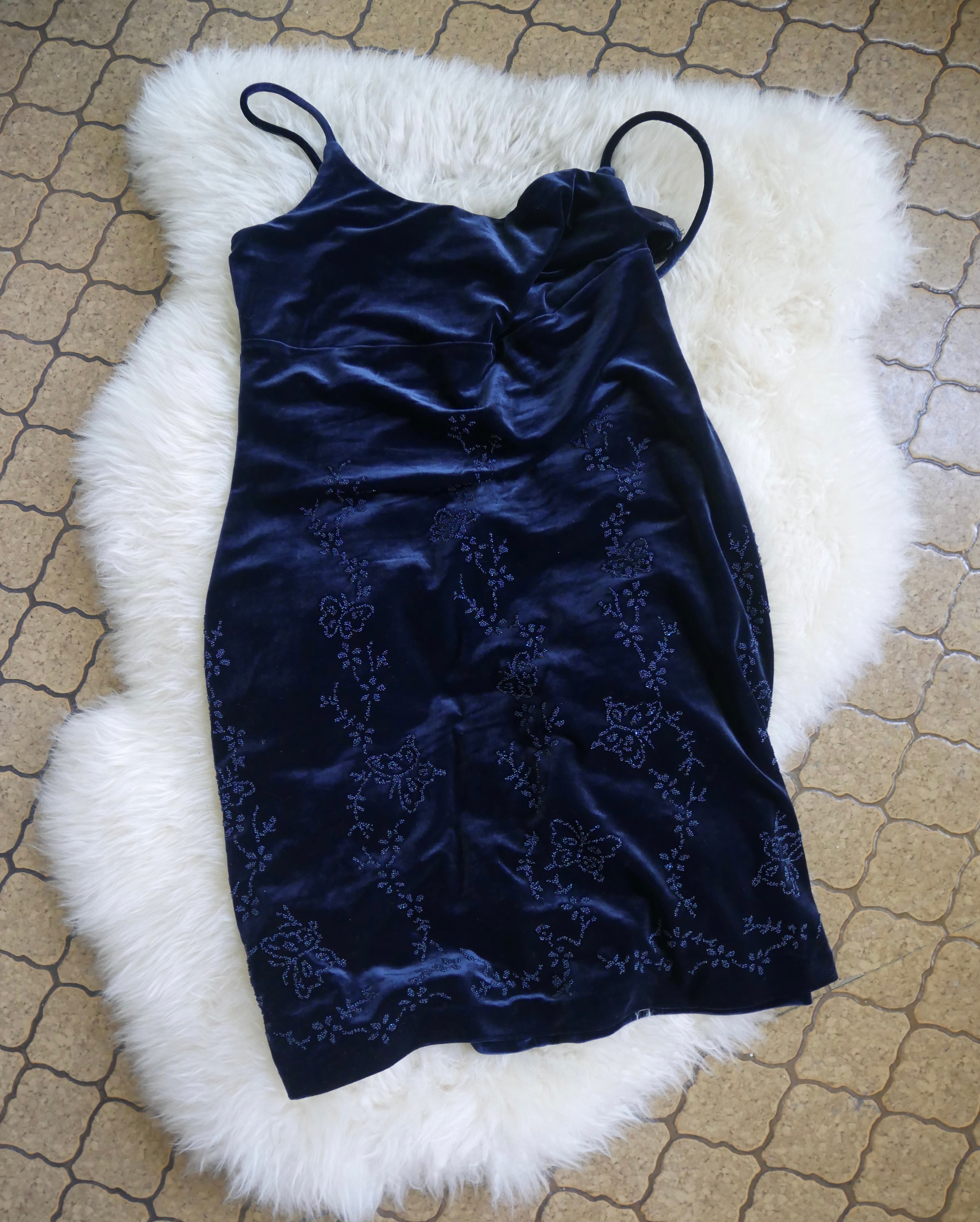 90s All That Jazz Beaded Velour Cami Dress Navy