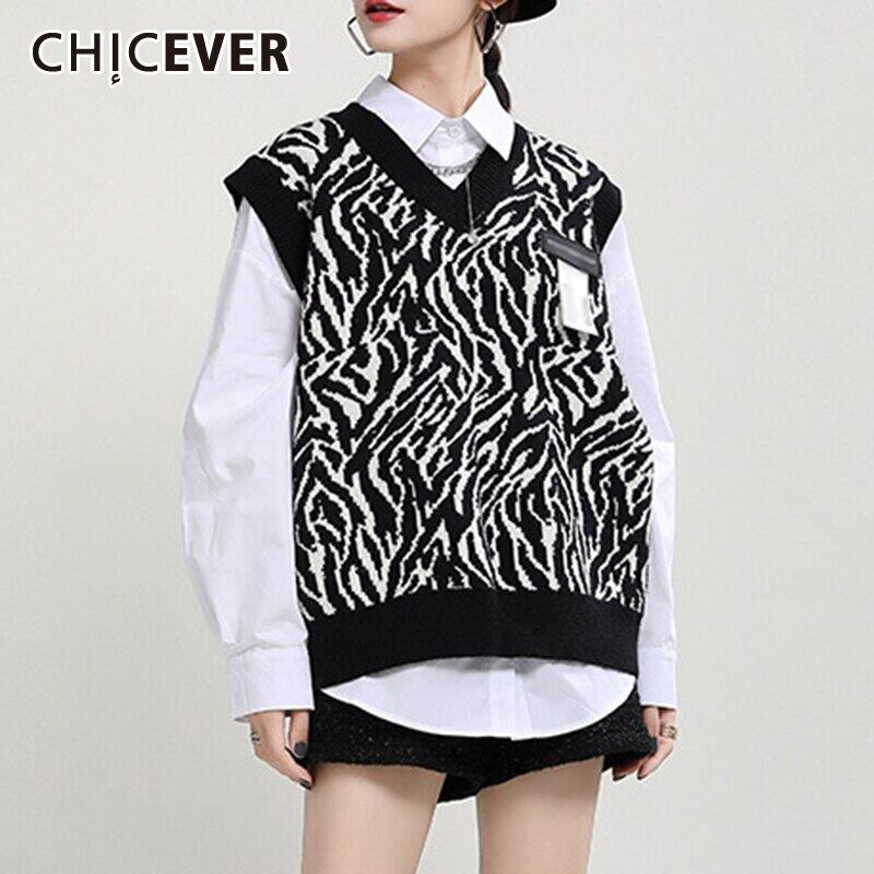 CHICEVERストライプセーター女性Vネックノースリーブヒットカラールーズニットプルオーバー服2020秋 オータム 秋物 6base531311658739