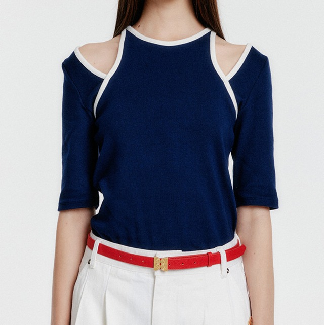 EENK　HALF SLEEVE CUTOUT TOP　NAVY