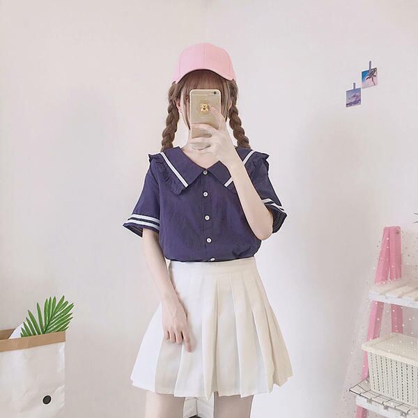 セーラー 風 トップス 病みかわ ゆめかわ ボタン 半袖 2019 夏 可愛い