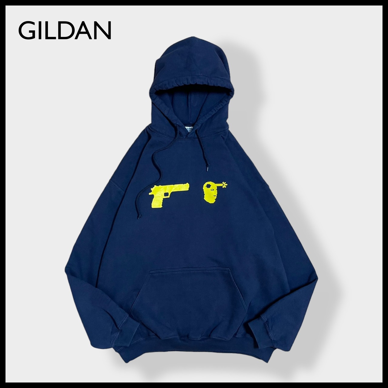 【GILDAN】プリント スウェット パーカー フーディー hoodie プルオーバー XL ビッグシルエット ネイビー HEAVYWEIGHT ヘビーウェイト 太アーム us古着