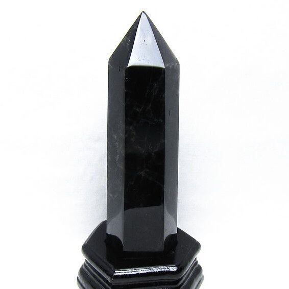 黒水晶 六角柱 モリオン ポイント 置物 一点物 台座付属 152-4341