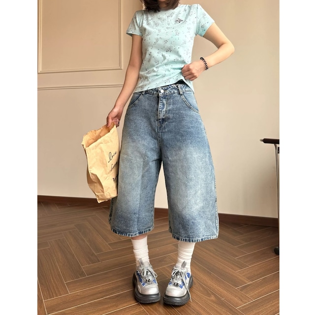 バックロゴスターモチーフデニムキュロットパンツ 1col R02526