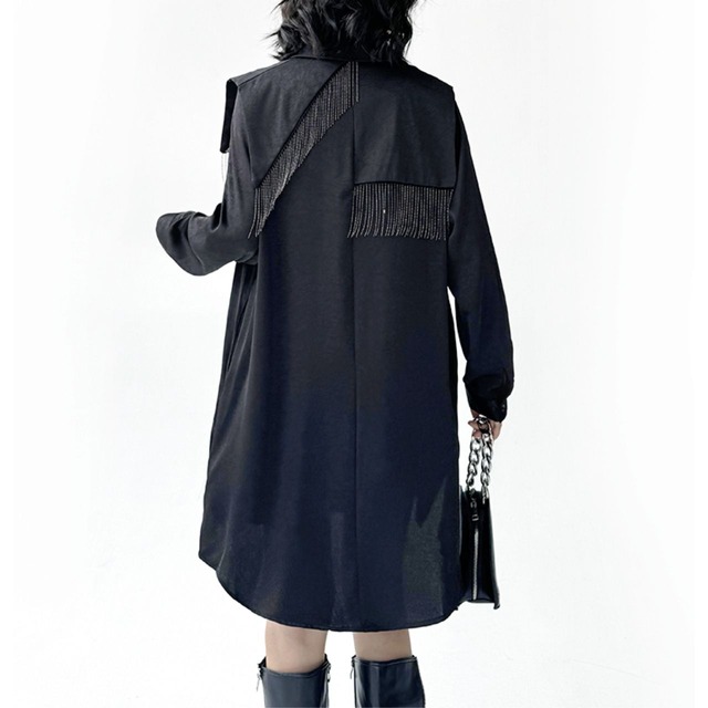 Fringe decor A-line shiruetto long shirt dress C1033